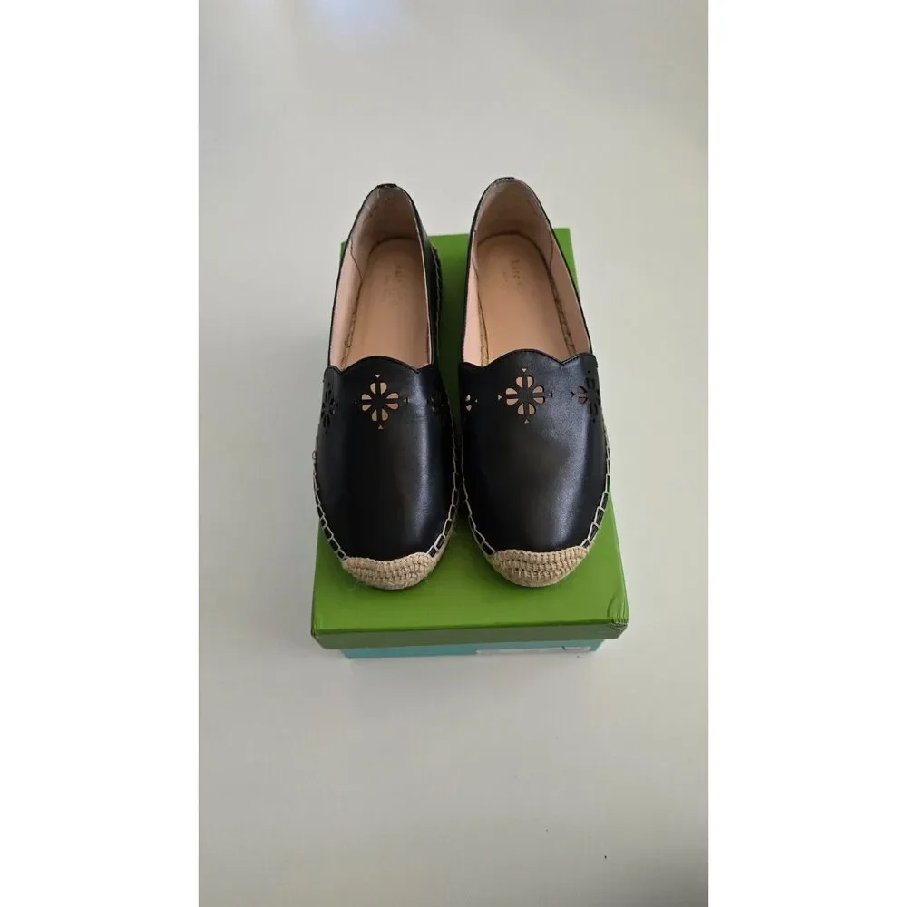 Kate Spade Gillian Black Leather Scalloped Espadrille Flats Size 7.5 NWB
